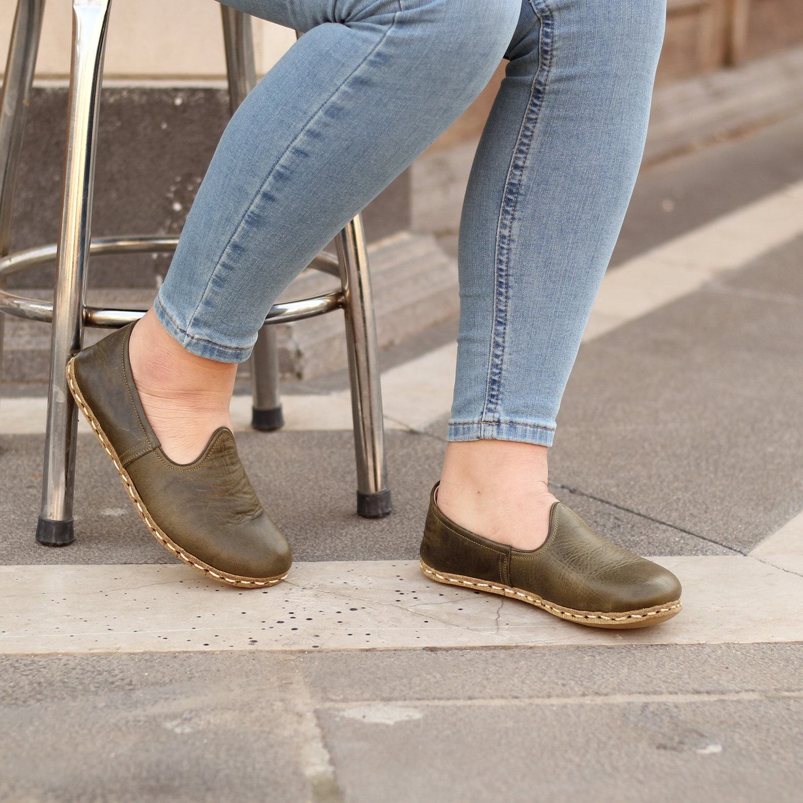 Military Green Barefoot Loafers for Women  Turkish-Inspired Comfort & Style