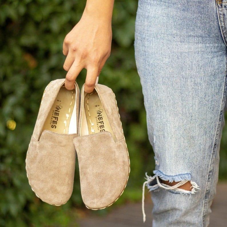 Milky Brown Suede Grounding Shoes for Women – Leather Barefoot Comfort