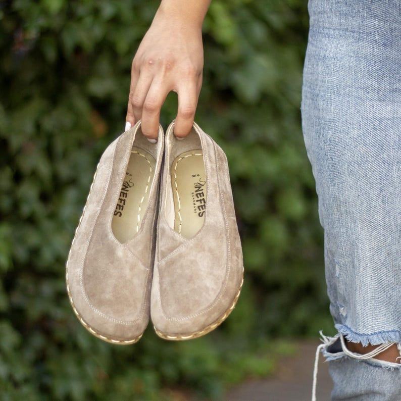 Milky Brown Suede Leather Barefoot Shoes Women – Grounding & Earthing Comfort