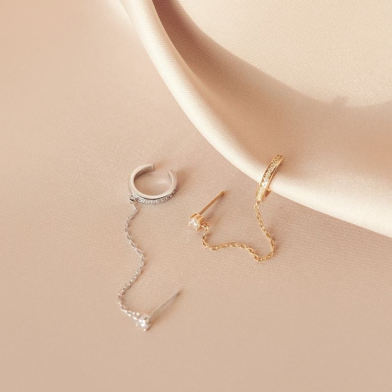 Minimalist Pave Ear Cuff Chain Earrings Diamond Stud Dangle Earrings in Gold and Sterling Silver