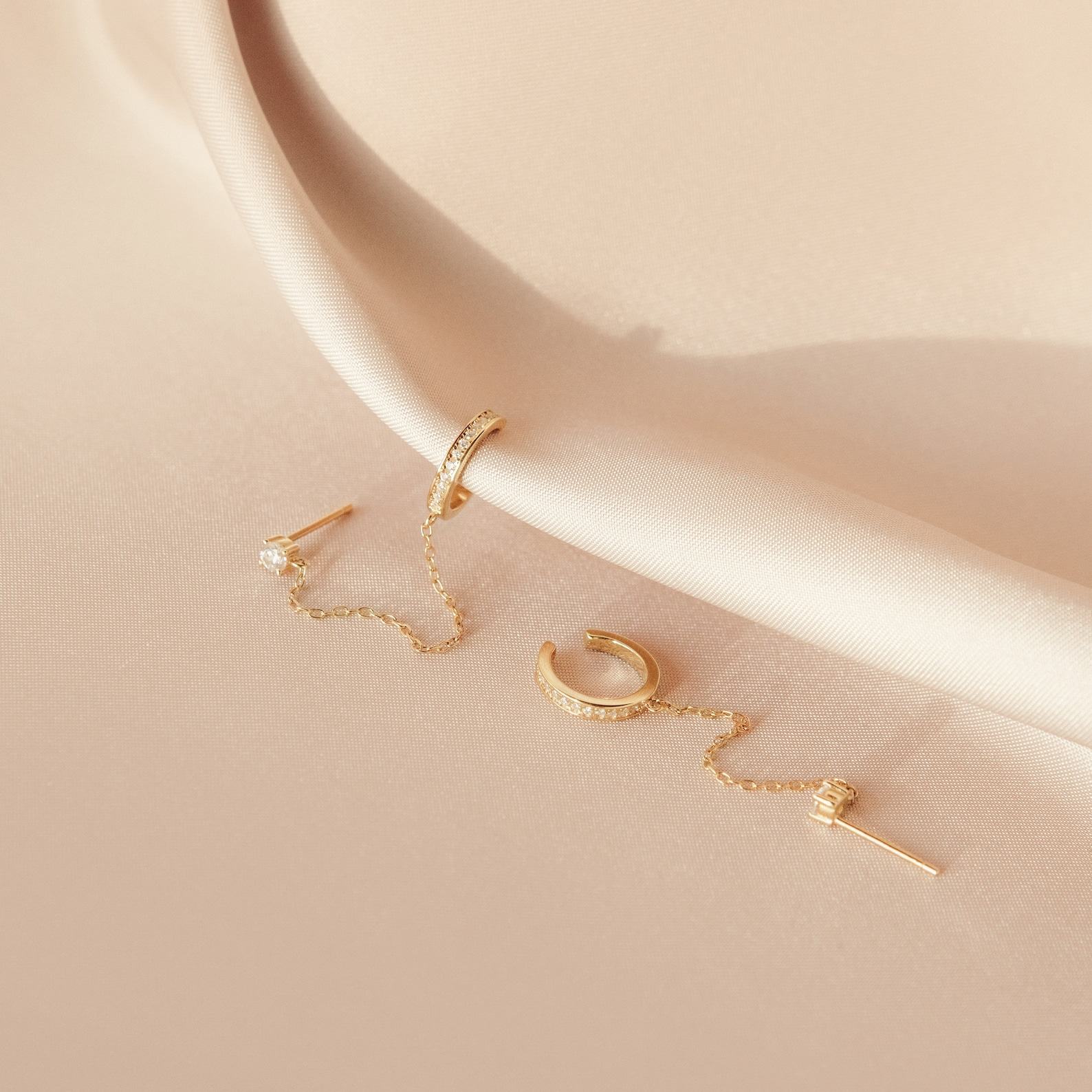 Minimalist Pave Ear Cuff Chain Earrings Diamond Stud Dangle Earrings in Gold and Sterling Silver