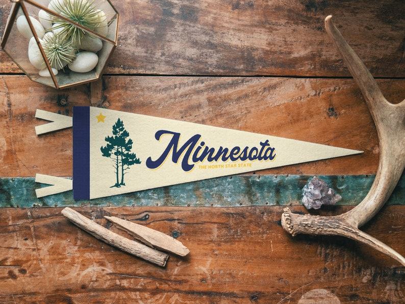 Minnesota Felt Pennant Vintage North Star State Banner with Norway Pine and Star Flag