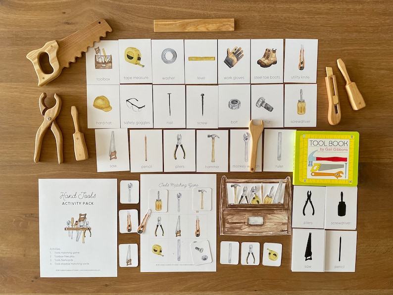 Montessori Tools Learning Pack Printable Flashcards, Three-Part Cards, and Matching Activities for Toddlers