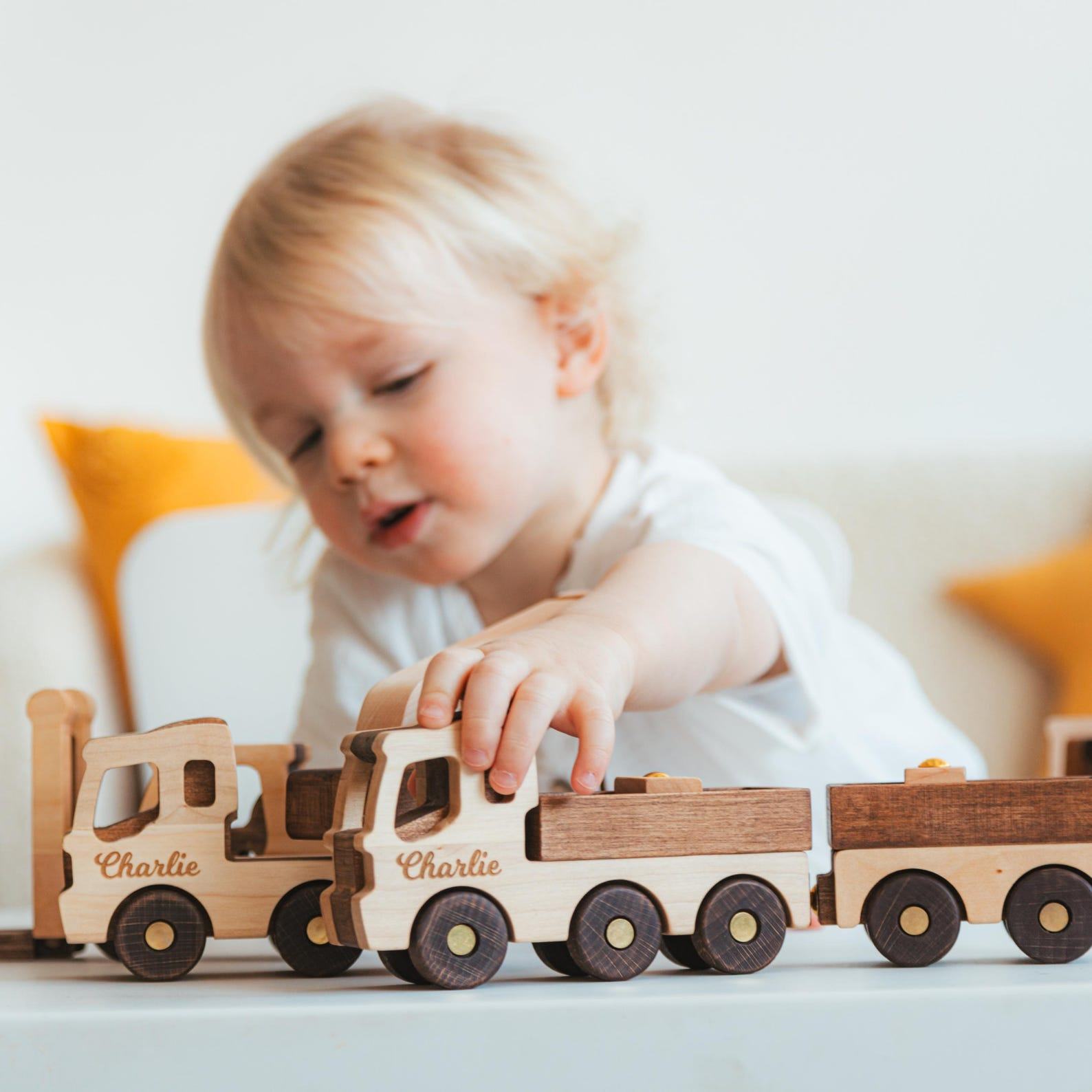 Montessori Truck Toy  Personalized Wooden Vehicle Set – Sensory Play Birthday Present