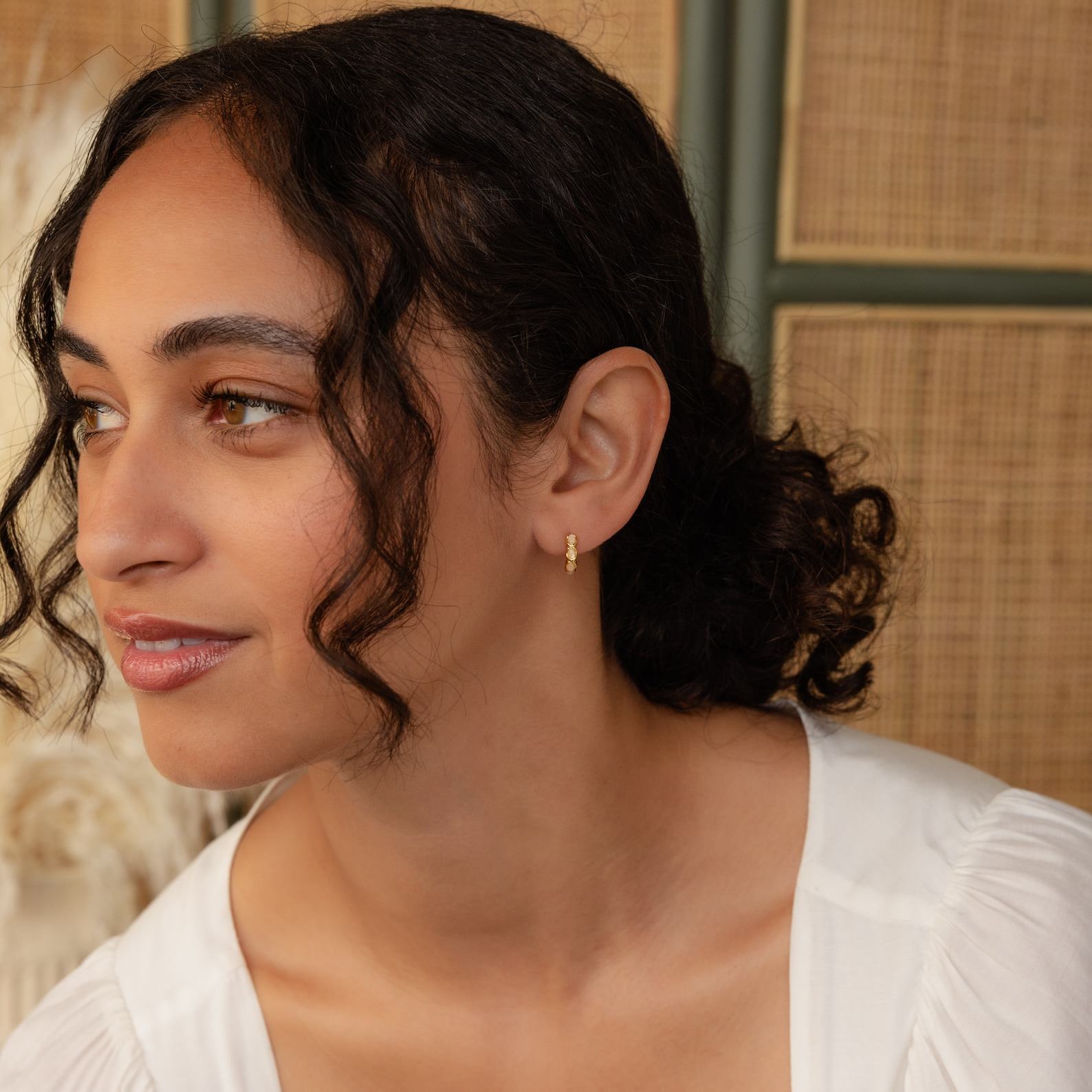 Moonstone Huggie Hoop Earrings Minimalist Gemstone Stacking Earrings for Boho Style