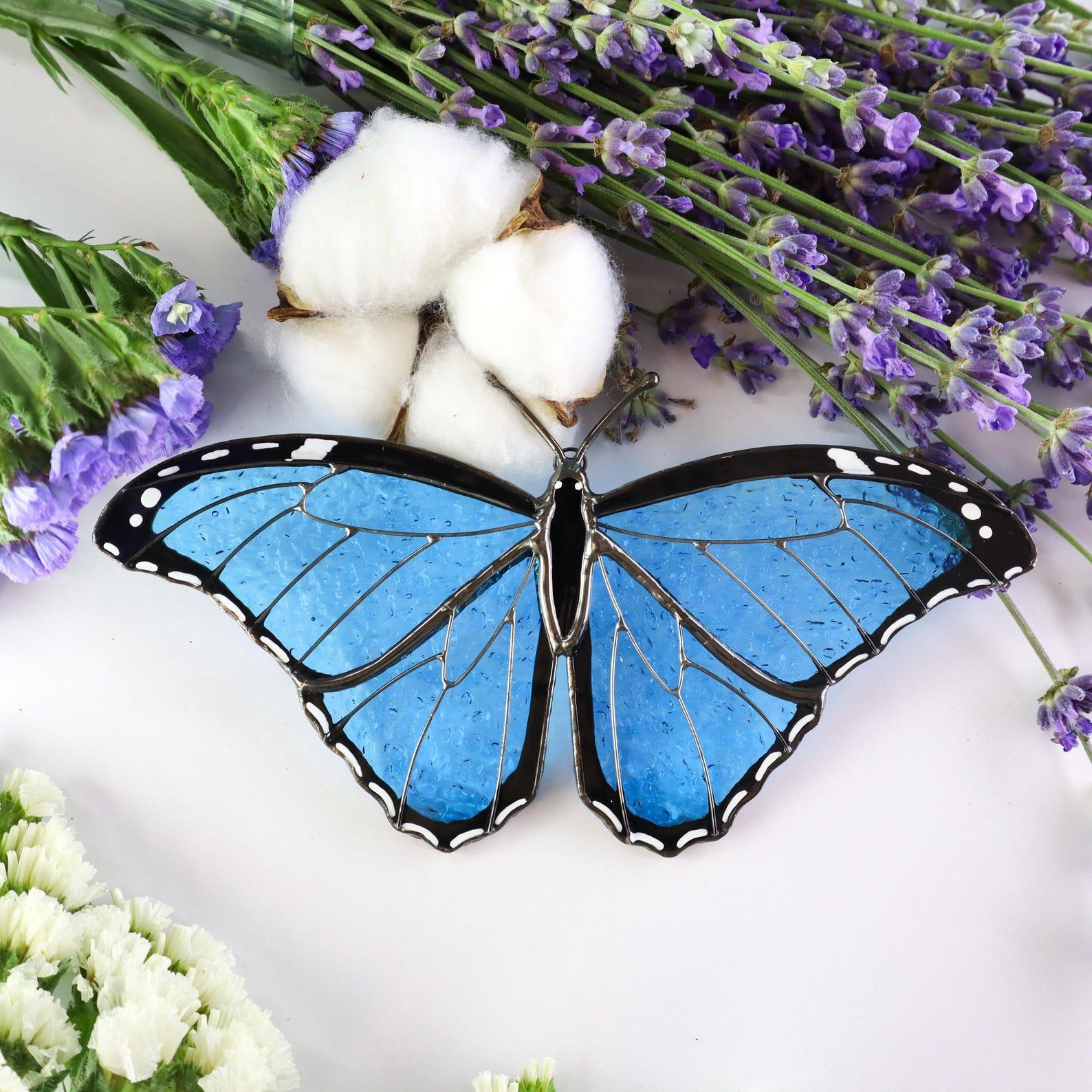 Morpho Menelaus Butterfly Suncatcher – Stained Glass Window Hanging, Handmade Present for Mom, Modern Home Decor