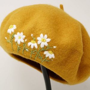Mustard Yellow Daisy Embroidered Wool Beret A Touch of French Chic for Winter