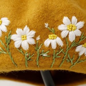 Mustard Yellow Daisy Embroidered Wool Beret A Touch of French Chic for Winter