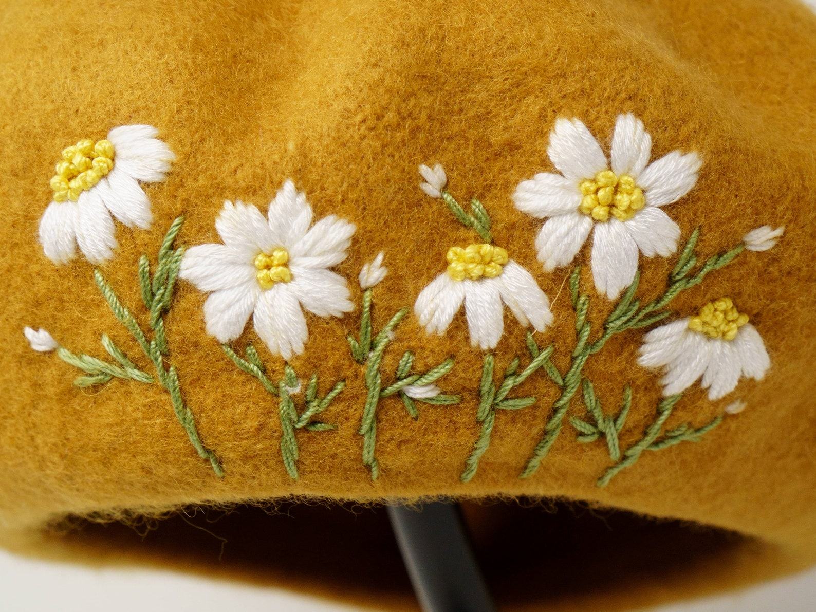 Mustard Yellow Daisy Embroidered Wool Beret A Touch of French Chic for Winter - Image 4