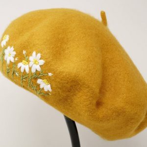 Mustard Yellow Daisy Embroidered Wool Beret A Touch of French Chic for Winter