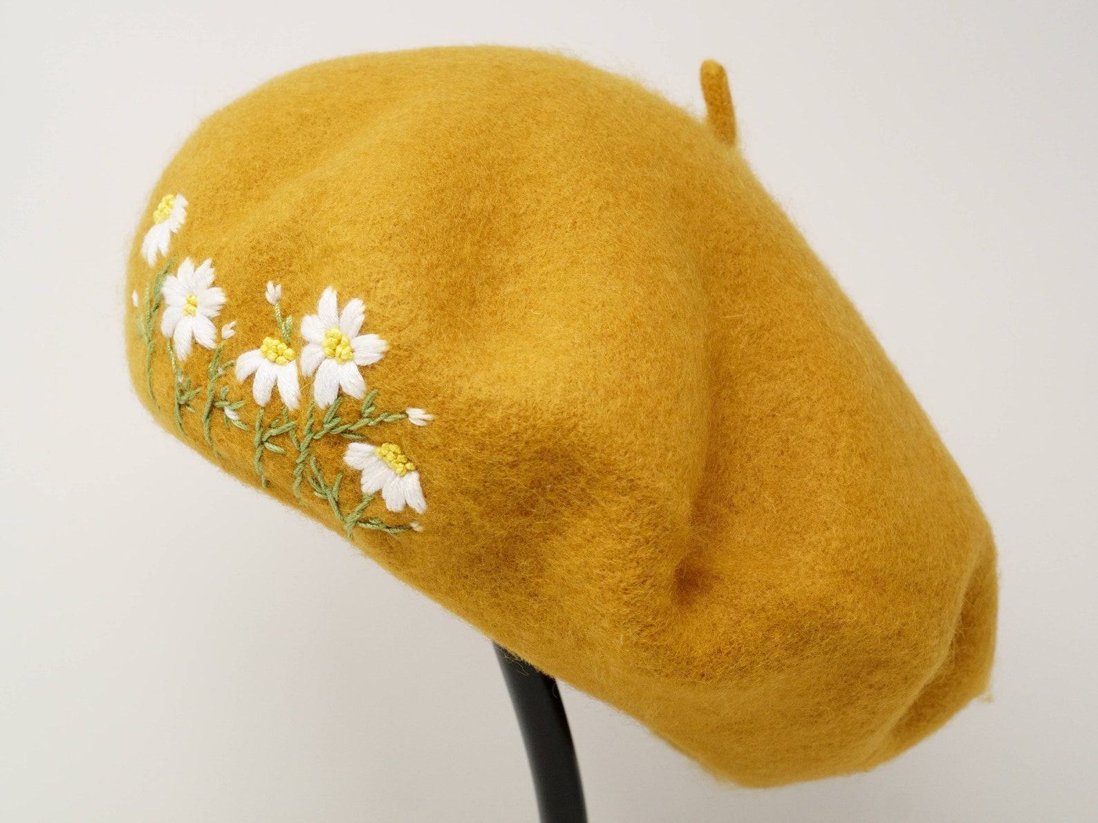 Mustard Yellow Daisy Embroidered Wool Beret A Touch of French Chic for Winter - Image 2