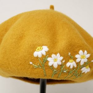 Mustard Yellow Daisy Embroidered Wool Beret A Touch of French Chic for Winter