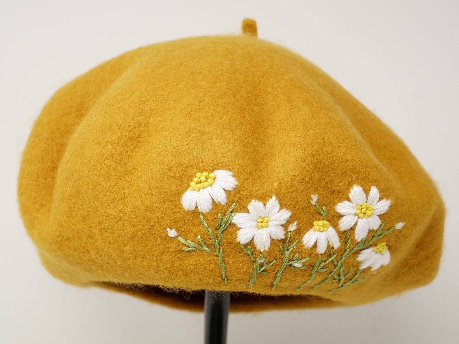 Mustard Yellow Daisy Embroidered Wool Beret A Touch of French Chic for Winter - Image 3