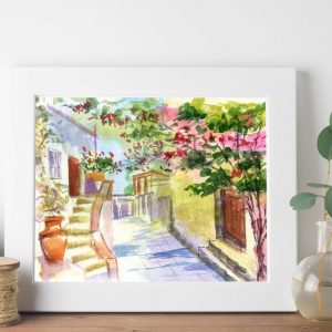 Mykonos Painting Capture the Enchanting Beauty of Greece with MikashArt’s Original Watercolor Print