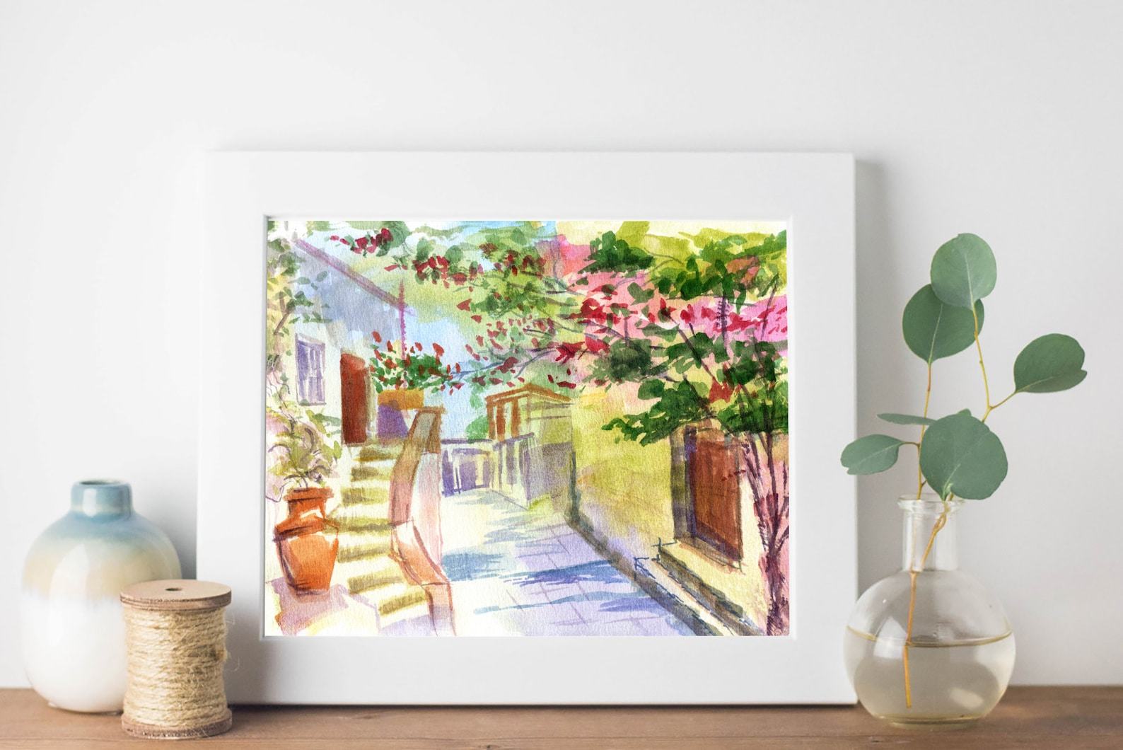 Mykonos Painting Capture the Enchanting Beauty of Greece with MikashArt’s Original Watercolor Print - Image 3