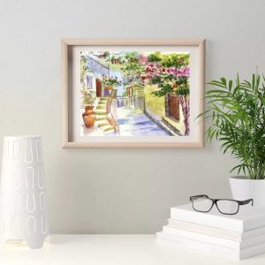 Mykonos Painting Capture the Enchanting Beauty of Greece with MikashArt’s Original Watercolor Print