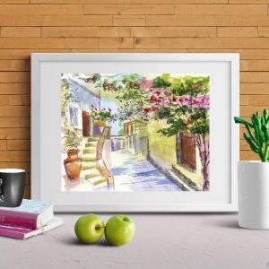 Mykonos Painting Capture the Enchanting Beauty of Greece with MikashArt’s Original Watercolor Print
