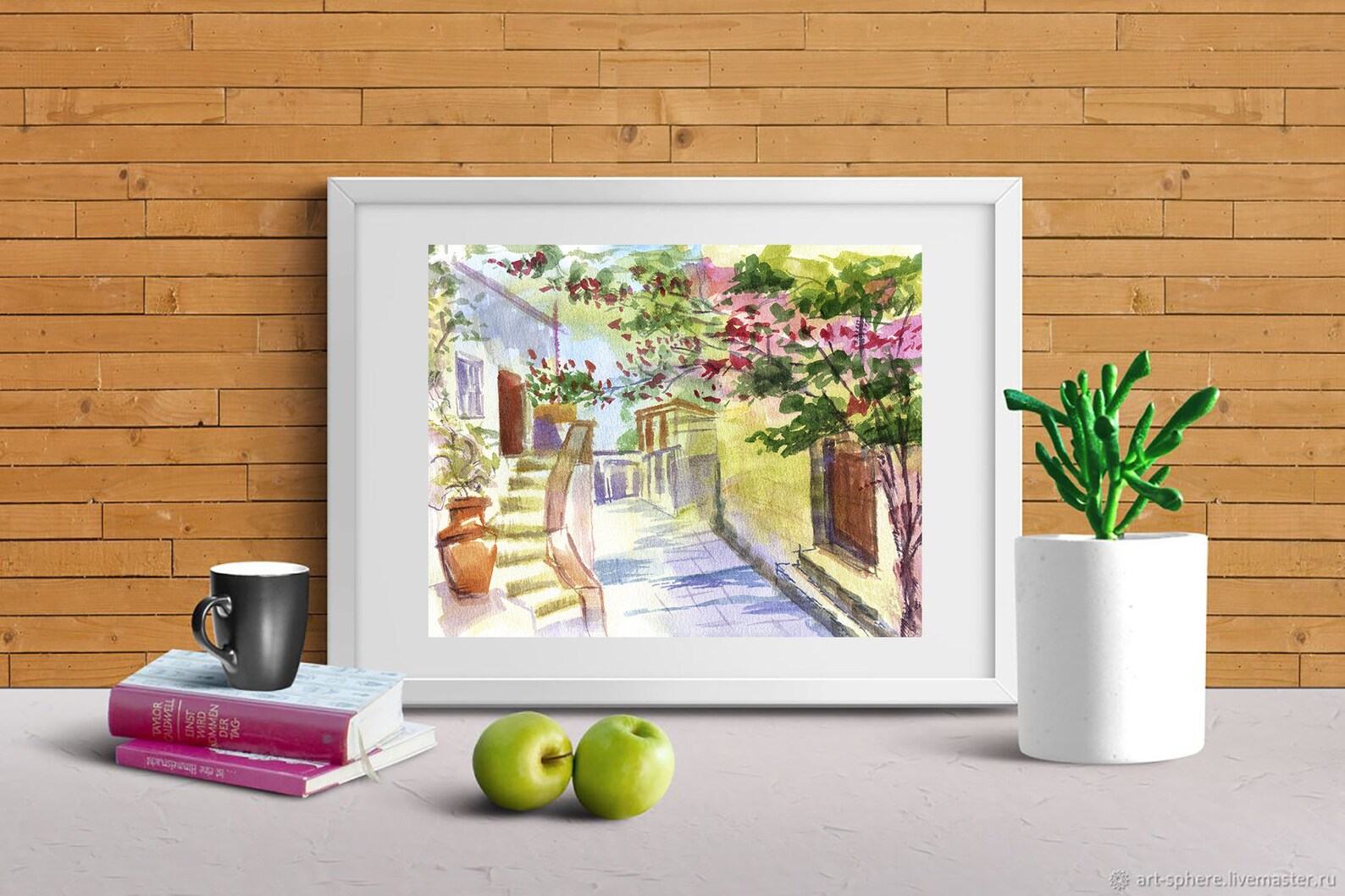 Mykonos Painting Capture the Enchanting Beauty of Greece with MikashArt’s Original Watercolor Print - Image 4