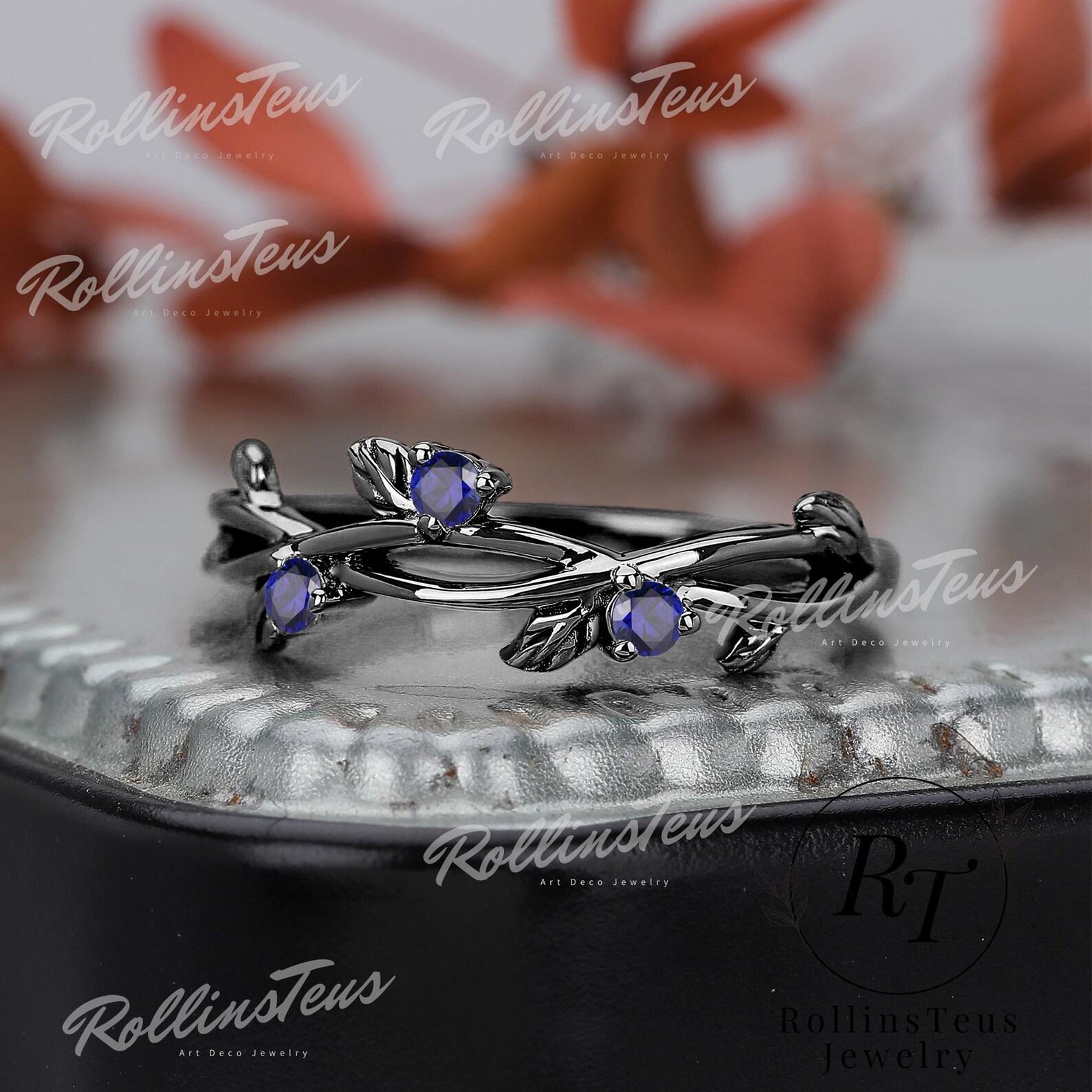 Nature’s Embrace Blue Sapphire and Black Gold Twig Ring, a Symbol of Love and Growth