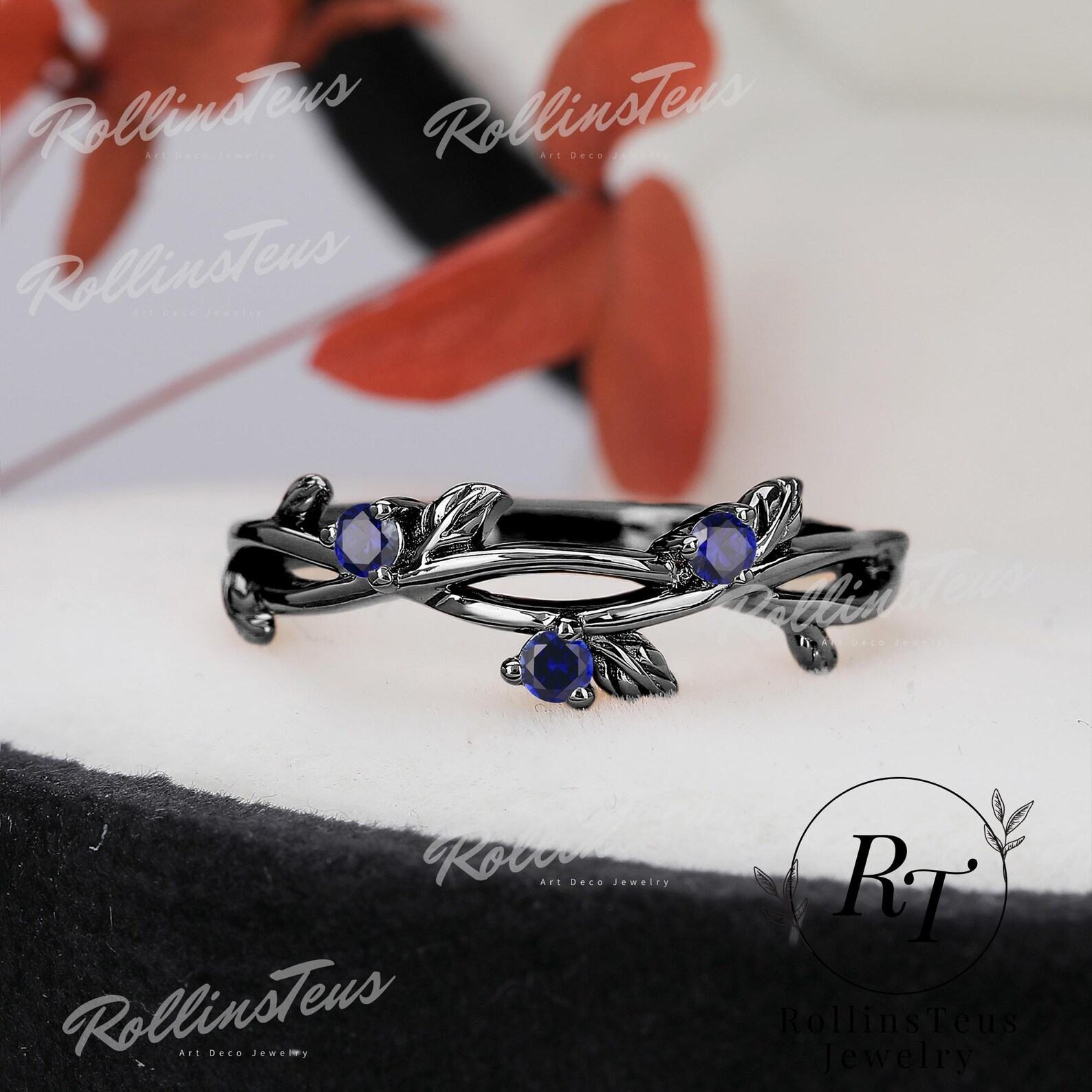 Nature’s Embrace Blue Sapphire and Black Gold Twig Ring, a Symbol of Love and Growth