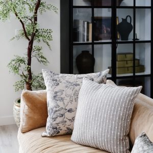 Nature’s Embrace Designer Floral Pillow in Beige, Gray, and Tan