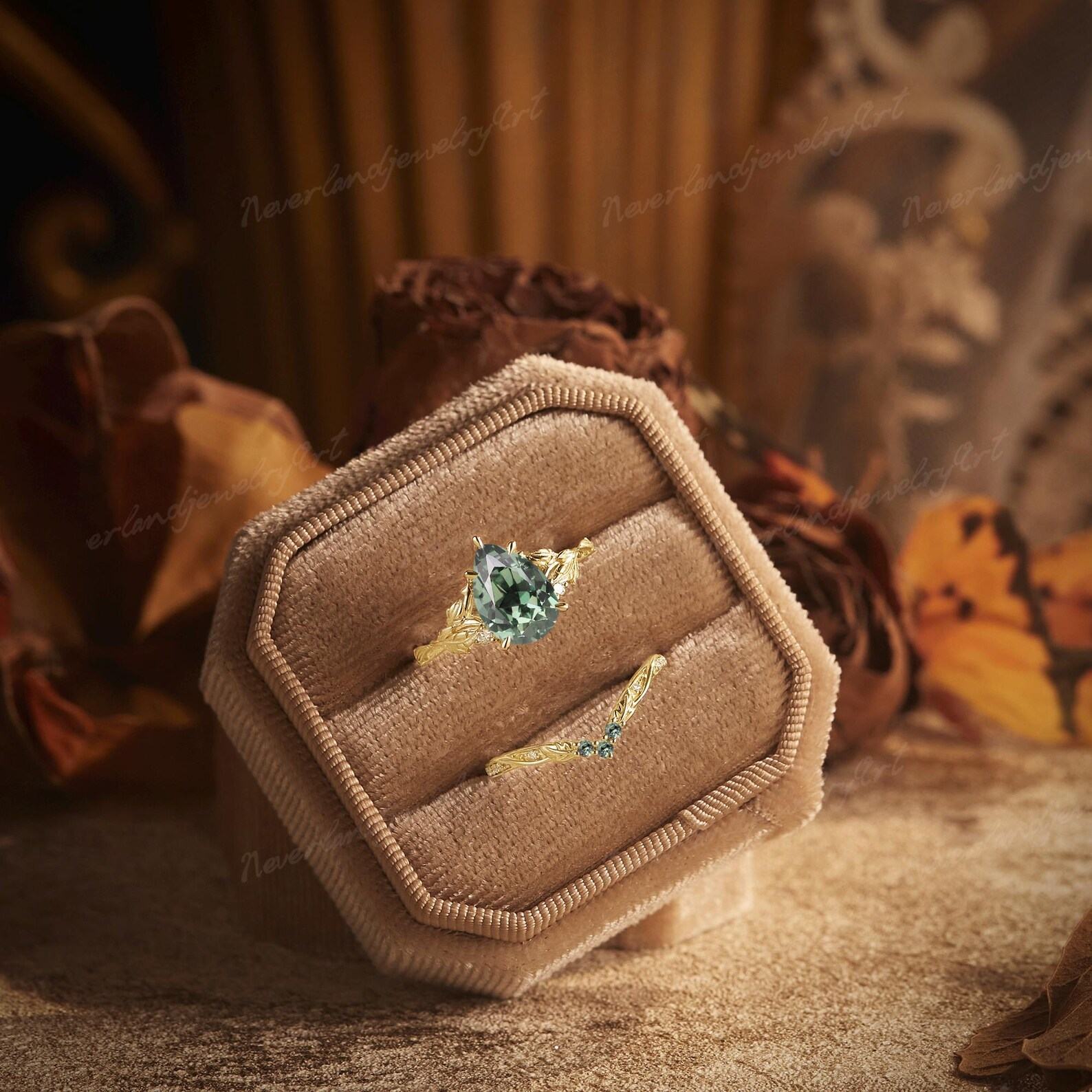 Nature’s Embrace Vintage Pear Cut Green Sapphire Engagement Ring Set with Leaf-Inspired Wedding Band