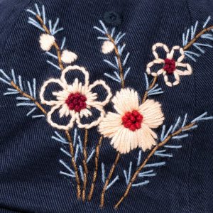 Navy Blue Baseball Cap with Embroidered Floral Brim – Stylish Accessory for Women