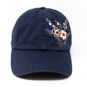 Navy Blue Baseball Cap with Embroidered Floral Brim – Stylish Accessory for Women