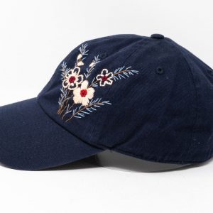 Navy Blue Baseball Cap with Embroidered Floral Brim – Stylish Accessory for Women