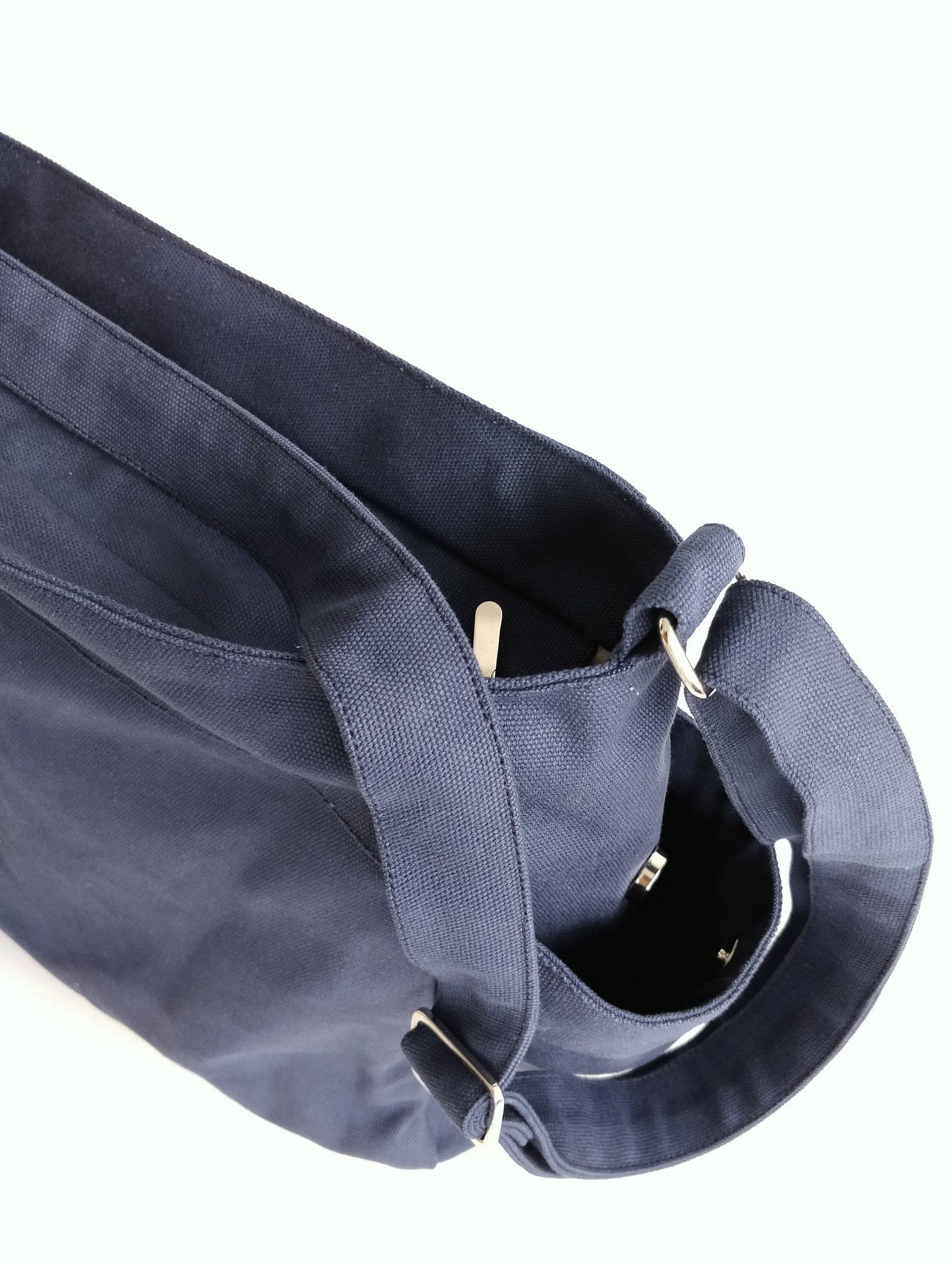 Navy Blue Canvas Hobo Diaper Bag with Zipper Vegan Travel Messenger Bag, Personalized Baby Shower Item Set – No. 101 RENEE - Image 4
