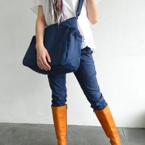 Navy Blue Canvas Hobo Diaper Bag with Zipper Vegan Travel Messenger Bag, Personalized Baby Shower Item Set – No. 101 RENEE