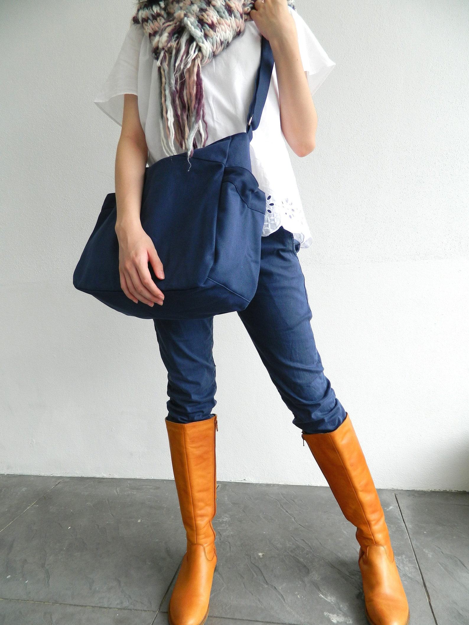 Navy Blue Canvas Hobo Diaper Bag with Zipper Vegan Travel Messenger Bag, Personalized Baby Shower Item Set – No. 101 RENEE - Image 2