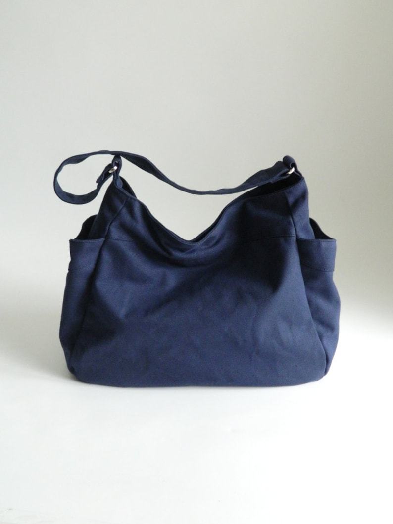 Navy Blue Canvas Hobo Diaper Bag with Zipper Vegan Travel Messenger Bag, Personalized Baby Shower Item Set – No. 101 RENEE