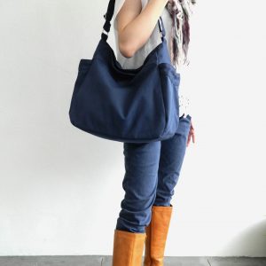 Navy Blue Canvas Hobo Diaper Bag with Zipper Vegan Travel Messenger Bag, Personalized Baby Shower Item Set – No. 101 RENEE