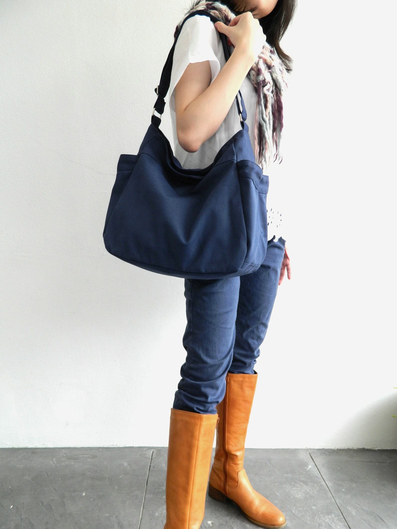 Navy Blue Canvas Hobo Diaper Bag with Zipper Vegan Travel Messenger Bag, Personalized Baby Shower Item Set – No. 101 RENEE - Image 3