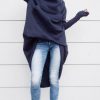 Navy Blue Extravarant Maxi Asymmetrical Hoodie Fleece Cotton Warm Top A08023