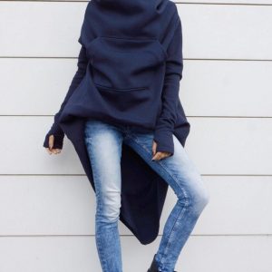 Navy Blue Extravarant Maxi Asymmetrical Hoodie Fleece Cotton Warm Top A08023