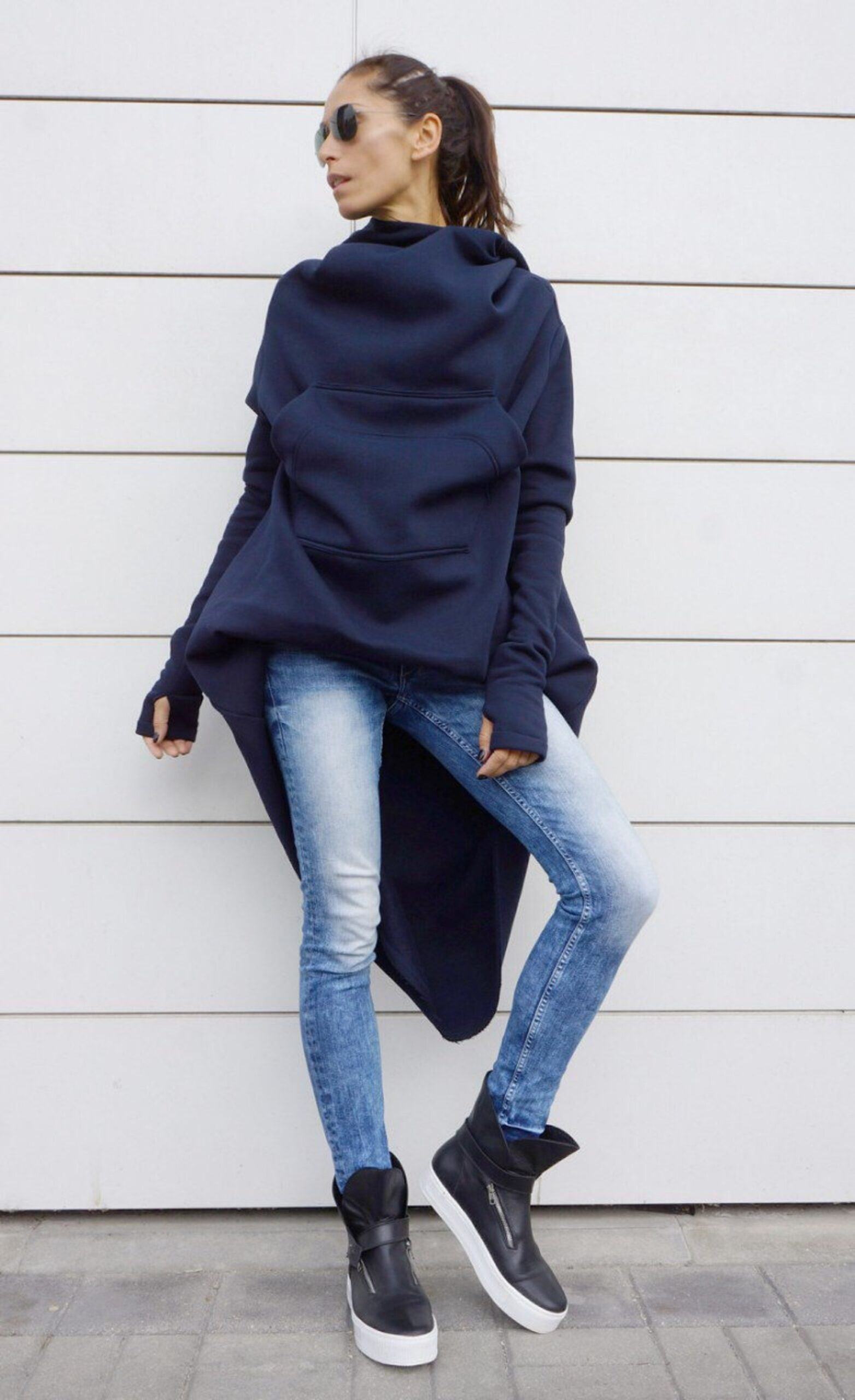 Navy Blue Extravarant Maxi Asymmetrical Hoodie Fleece Cotton Warm Top A08023 - Image 4