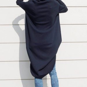 Navy Blue Extravarant Maxi Asymmetrical Hoodie Fleece Cotton Warm Top A08023