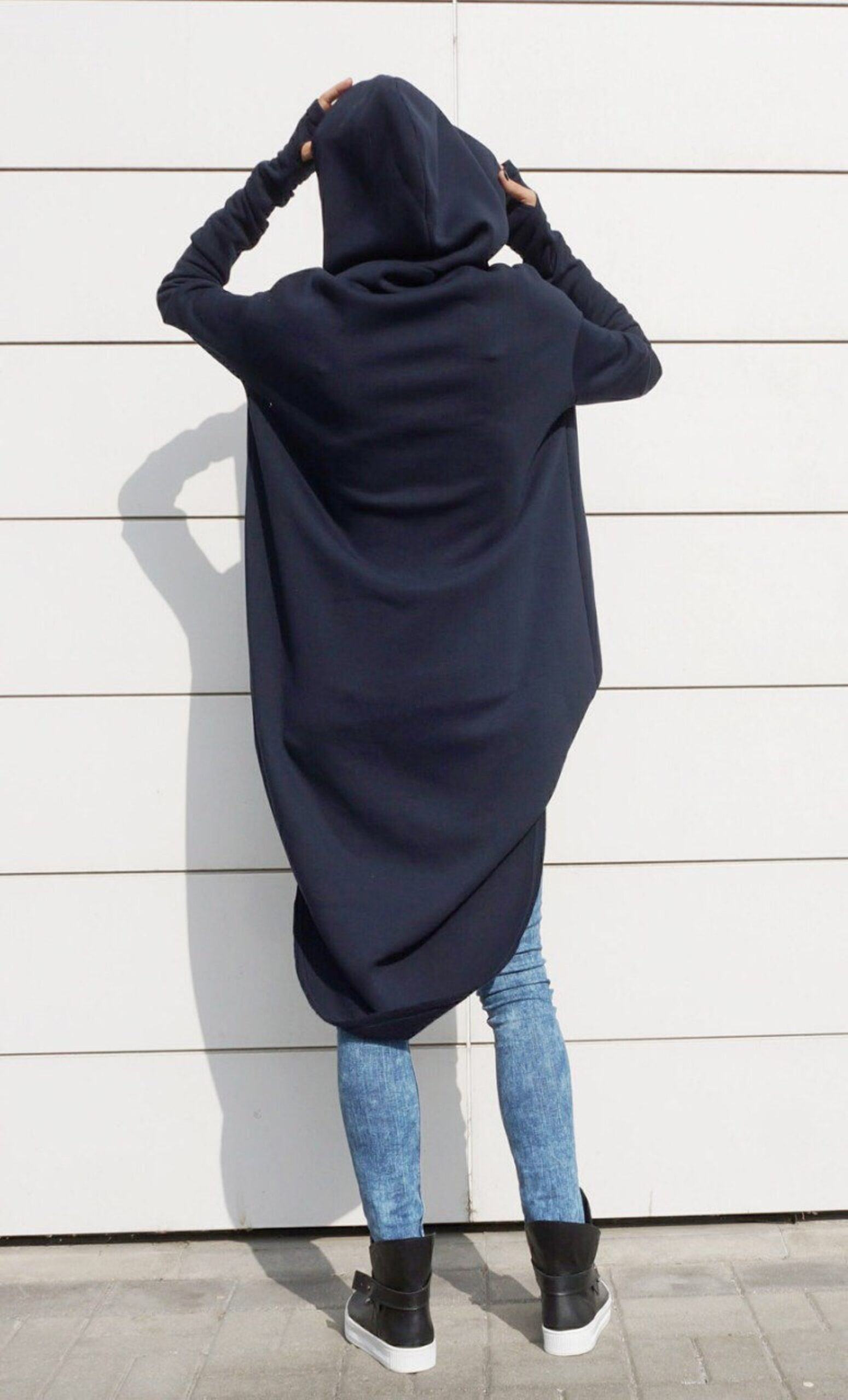 Navy Blue Extravarant Maxi Asymmetrical Hoodie Fleece Cotton Warm Top A08023 - Image 5