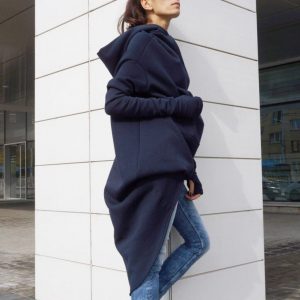 Navy Blue Extravarant Maxi Asymmetrical Hoodie Fleece Cotton Warm Top A08023