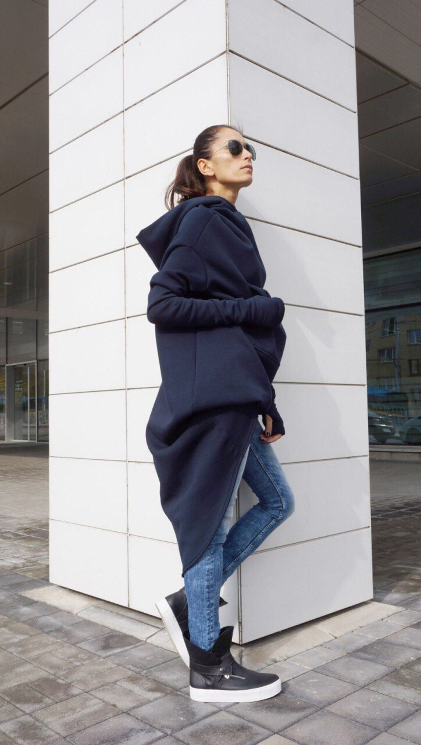 Navy Blue Extravarant Maxi Asymmetrical Hoodie Fleece Cotton Warm Top A08023 - Image 2