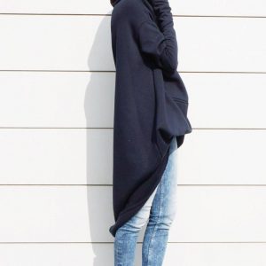Navy Blue Extravarant Maxi Asymmetrical Hoodie Fleece Cotton Warm Top A08023