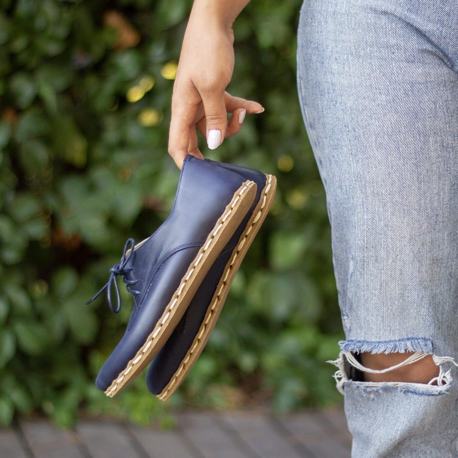 Navy Blue Leather Barefoot Shoes Women – Grounding & Earthing Comfort