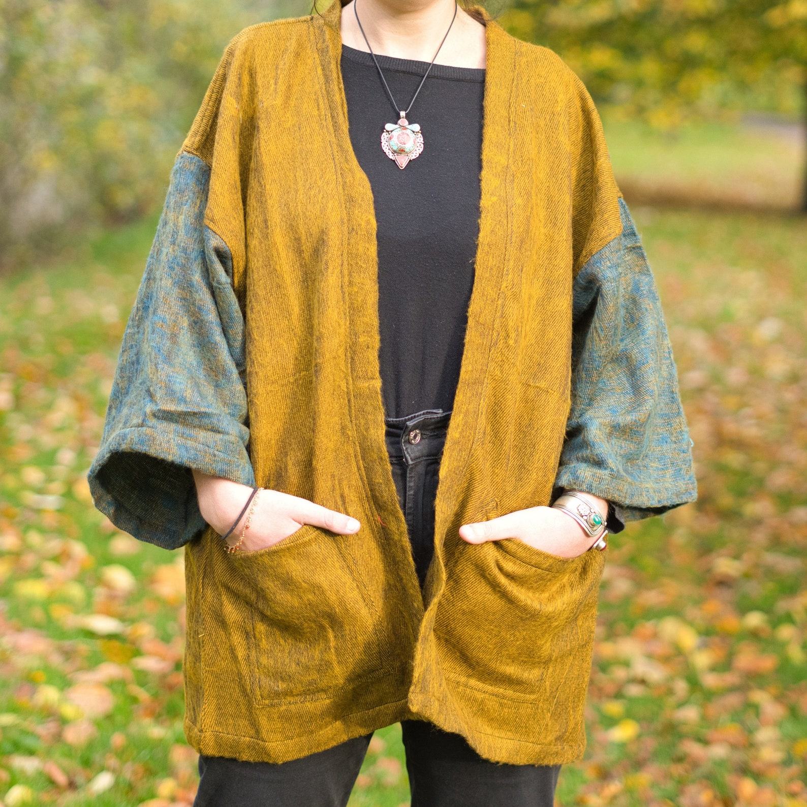 OCHRE Yak Wool Kimono Unisex Hippie Boho Robe from Nepal for Warmth and Style