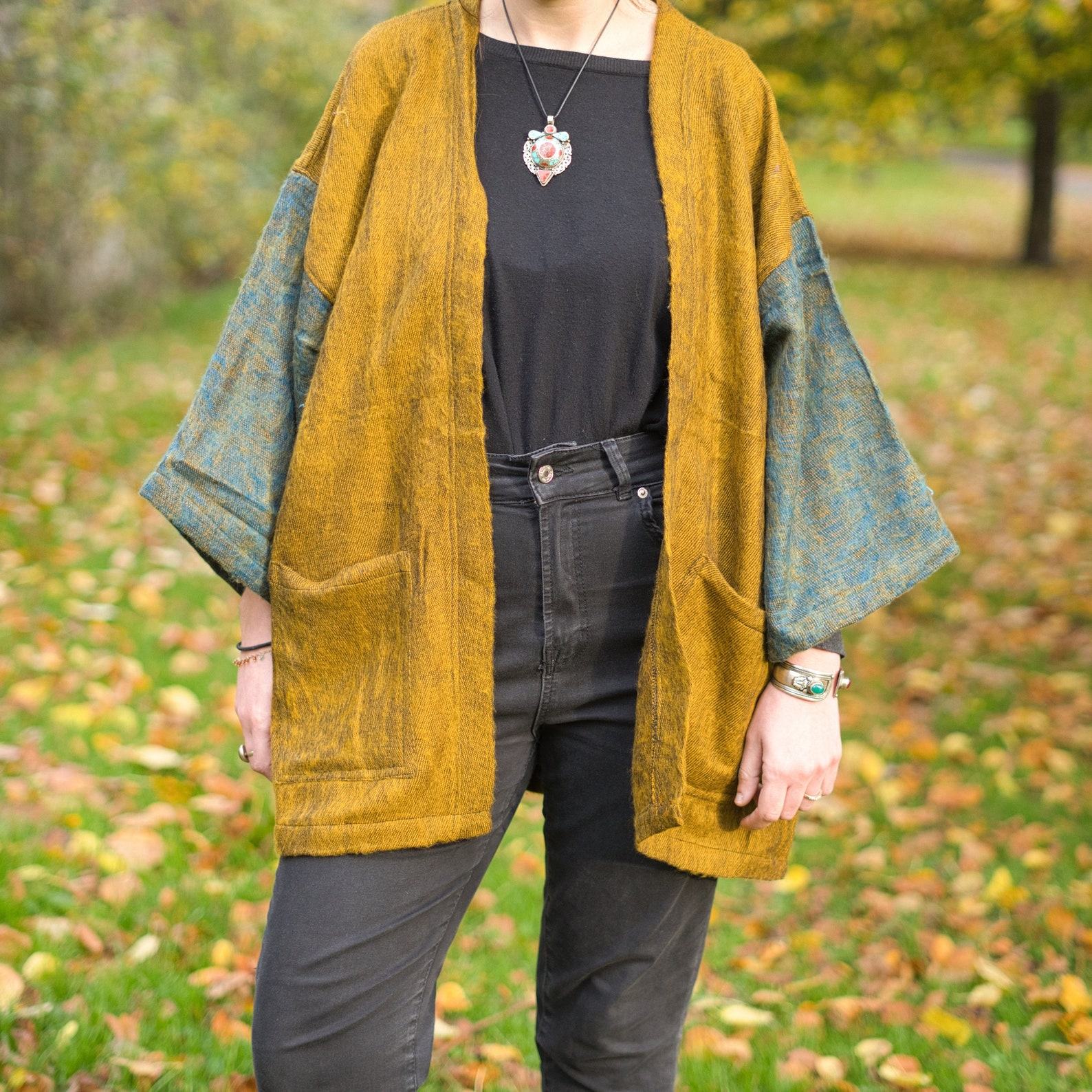 OCHRE Yak Wool Kimono Unisex Hippie Boho Robe from Nepal for Warmth and Style