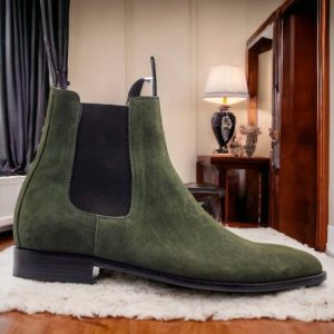 Olive Green Suede Chelsea Boots – Men’s Handmade Goodyear Welted Dress Boots