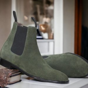 Olive Green Suede Chelsea Boots – Men’s Handmade Goodyear Welted Dress Boots