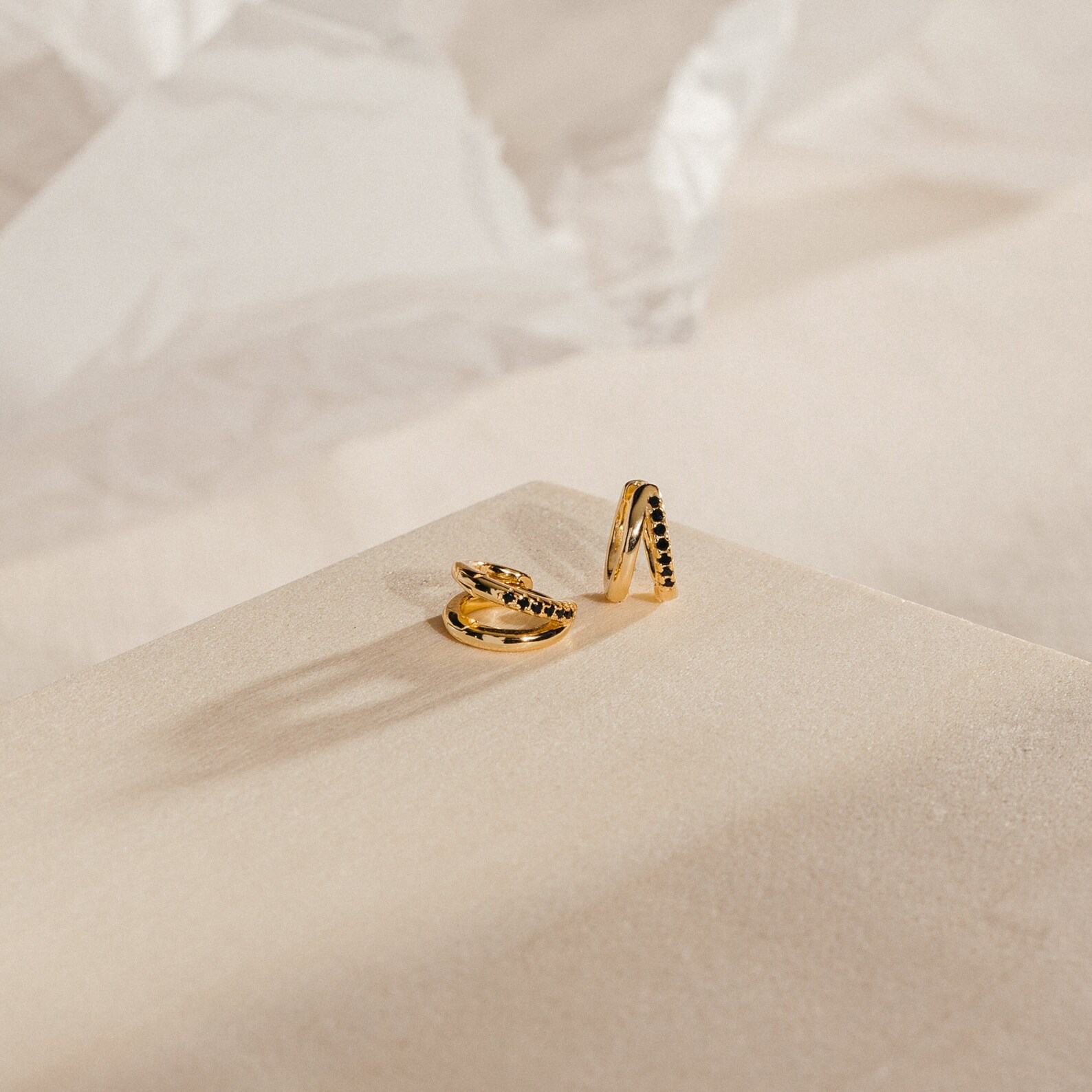 Onyx Huggie Earrings Minimalist Double Hoop Earrings with Black Diamond Gemstones – A Interesting  Item for Her (ER119)