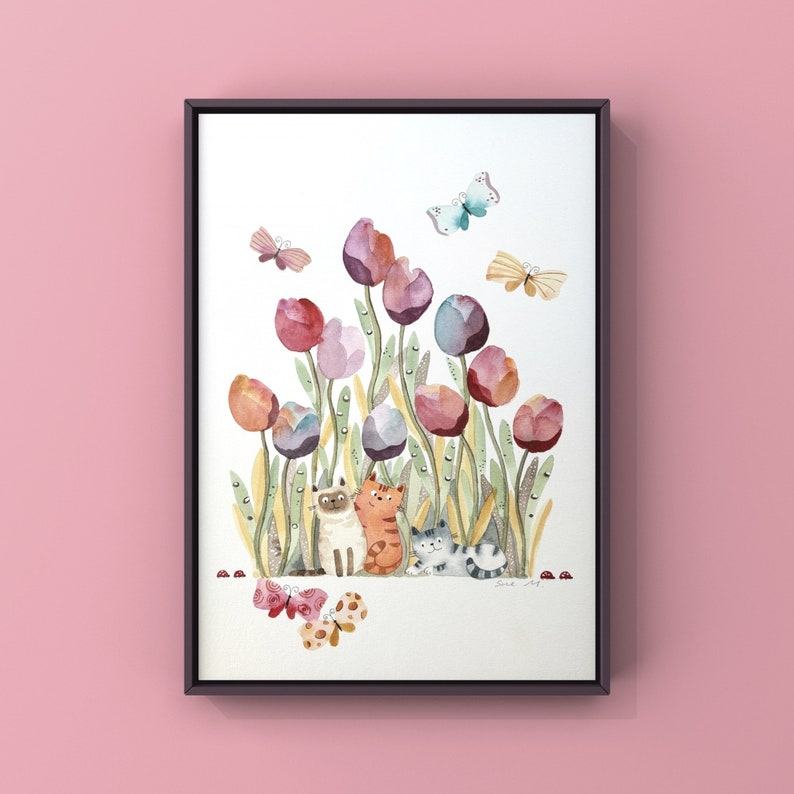 Original Hand-Painted Watercolor Art Vibrant Cats and Butterflies Dance on Canvas